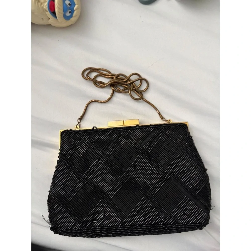 Vintage Marshall‎ Fields Black Beaded Clutch Hand Made Evening Bag Gold Chain
